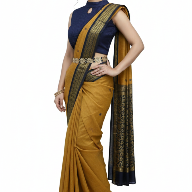 Kalyani cotton saree in a gorgeous mustard yellow and navy blue combination