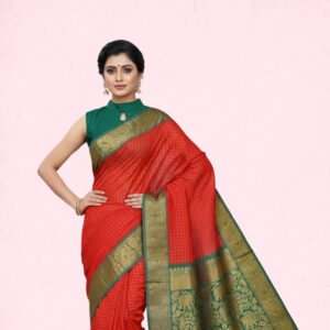 Sungudi Cotton Saree in red and green combination
