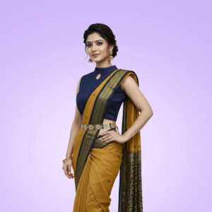 Kalyani cotton saree in a gorgeous mustard yellow and navy blue combination